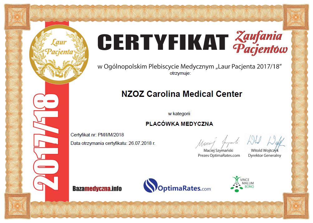 Certyfikat Zaufania Pacjentów w Ogólnopolskim Plebiscycie Medycznym „Laur Pacjenta 2017/18”.