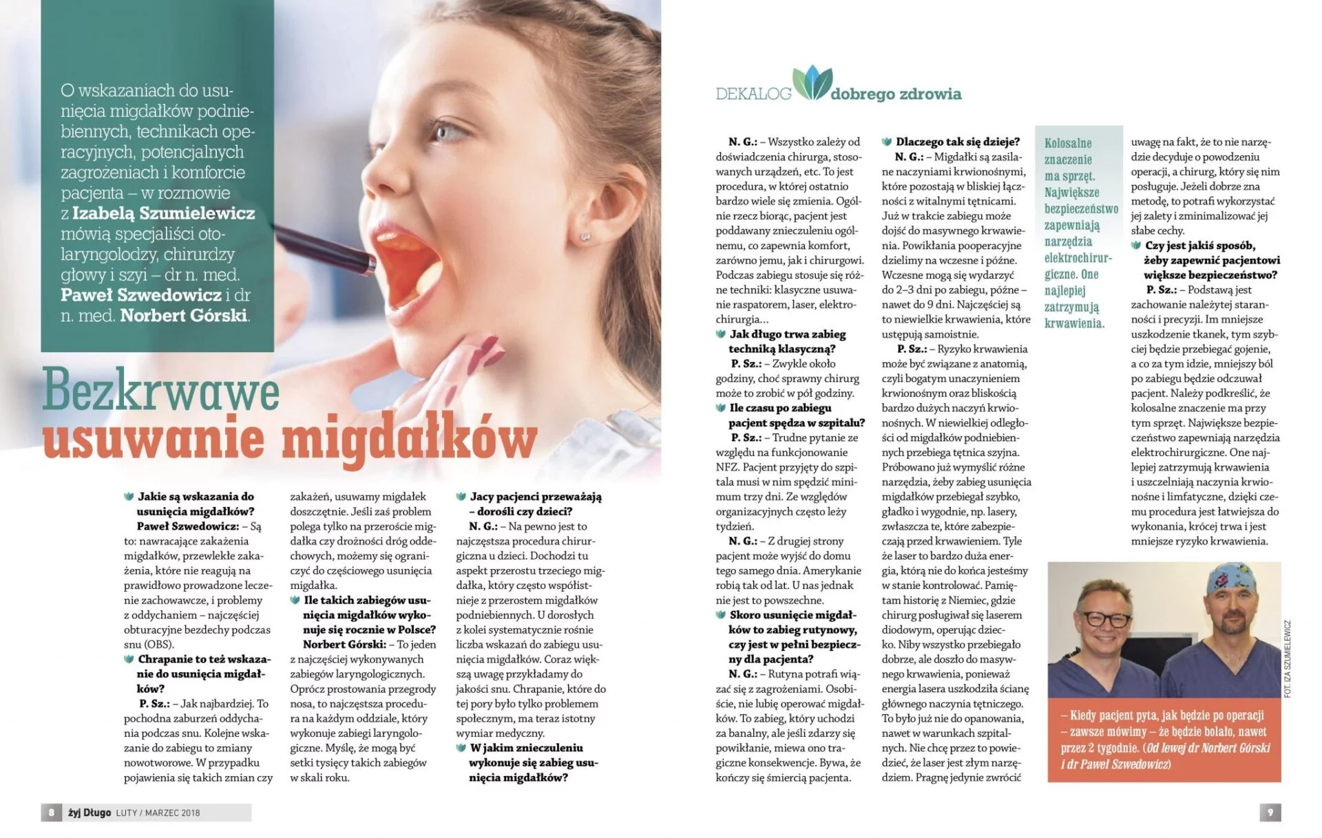 O bezkrwawej operacji migdałków podniebiennych opowiadają dr P. Szwedowicz i N. Górski w miesięczniku „Żyj długo”