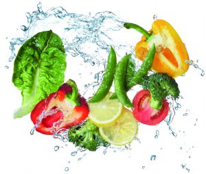 various type of vegetables and fruits with water splash