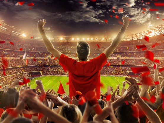 On the foreground a group of cheering fans watch a sport championship on stadium. One man stands with his hands up to the sky. People are dressed in bright colors. A long-range shot of a stadium field, floodlights and seating. A green field, with painted white lines, is visible in the foreground. In the background are diffuse out-of-focus stadium seats. Large, bright floodlights are in the top-left and top-right corners of the image.